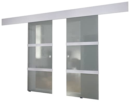 QJBSAVVA Doppia porta scorrevole in vetro, 205 x 75 cm per porta, sistema di porta scorrevole con binario in alluminio e vetro traslucido, salvaspazio, per soggiorno e ufficio, 2 ante