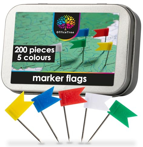 OfficeTree 200x Banderas Marcadoras - 5 Colores - Marcación Visión General de Mapas del Mundo y Mapas de Tablero - Accesorios de Marcación para Mapas Murales para Chinchetas