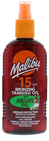 Malibu Sun SPF 15 - Spray de aceite de argán bronceador con protección media, resistente al agua, aroma tropical, 200 ml