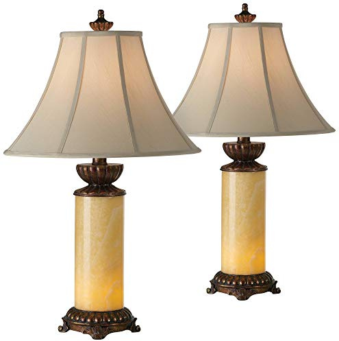 Barnes and Ivy Traditional Asian Table Lamps 28.5 Tall Set of 2 Natural Onyx Stone Dark Bronze Brown Off White Bell Shade Decor for Living Room Bedroom House Bedside Nightstand Home Office