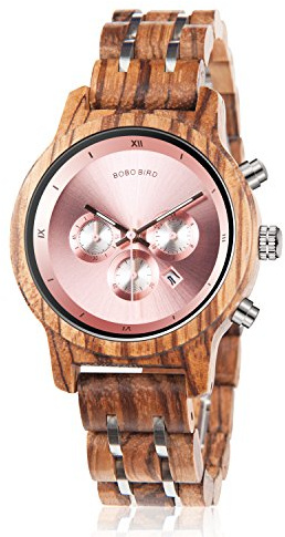 Bobo Bird Women's Elegant Wooden Chronograph Watch with Date Display & Wood-Metal Combination Strap (Pink)