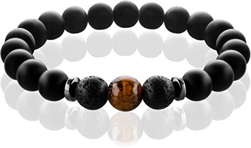FABACH™ Chakra Perlenarmband mit 8mm Tigerauge-Perle, Lavastein und Onyx-Naturstein (schwarz) - Yoga Armband aus Heilsteinen - Energiearmband für Damen und Herren
