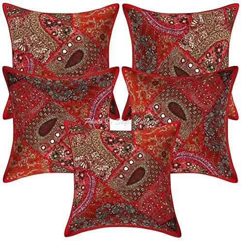 Stylo Culture Bohemio Fundas Almohadones Decorativa 40x40 cm Algodón Bordado Fundas para Cojines Sofa Rojo 16x16 Inch Patchwork De Cuentas Cuadrado sobre Funda Cojin Silla - 5 Pcs