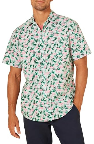 Amazon Essentials Camicia con Stampa a Maniche Corte vestibilità Regolare Uomo, Verde Pastello Fenicotteri, XXL