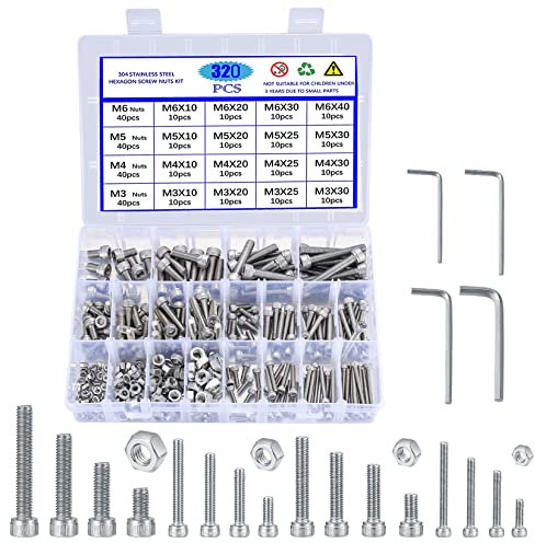 320 Stück Edelstahl-Sechskopf-Knopf Schrauben, M3/M4/M5/M6 Schrauben Muttern und Unterlegscheiben Sortiment Kit, Innensechskant Schrauben, Maschinenschrauben