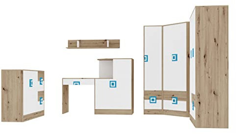 Mirjan24 Jugendzimmer Set Nicola V, 6-TLG. komplett, Eckschrank, Drehtürenschrank, Regal, Kommode, Schreibtisch - Kommode, Wandregal (Eiche Hell/Weiß + Türkis)