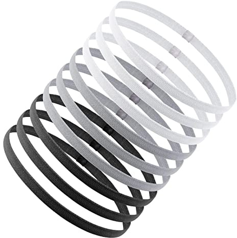 URAQT elastiska halkfria sport hårband, 9 st halkfria silikongrepp sport hårband, elastiska tunna sport pannband Svettband pannband för kvinnor män tennis basket fotboll running cykel yoga(svart/vit/grå)