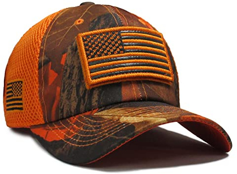 USA Flag Hat Hunter Orange Blaze Hunting Detachable Patch Micro Mesh Cap