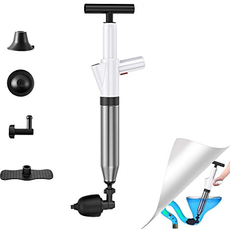 SRHIMEOS Aufblasbarer Toilettenkolben, Hochdruck-Ablasskolben, WC Plunger mit 4 Austauschbaren Köpfen und Visuellem Barometer für Dredge Toilette Waschbecken Badewanne Bodenablauf (White)