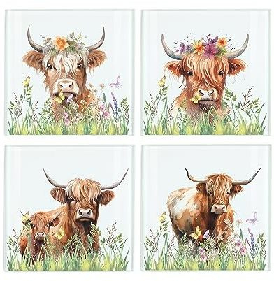 Highland Cow Coaster Set - Square Glass Cow Animal Floral Design - Set of Four (4) Coasters