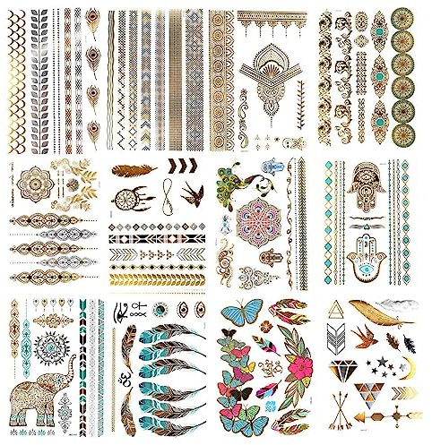12 Sheets Flash Gold Metallic Temporary Tattoos for Women Girls Waterproof Gold Silver Tattoo Stickers for Beach Festivals Parties Long Lasting Nontoxic Glitter Fake Tattoos Exquisite Designs
