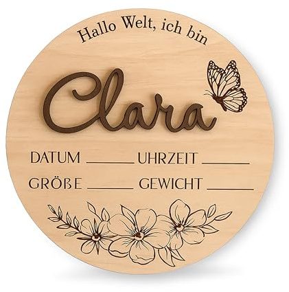 Personalisierte Hallo Welt Holzschild mit Name, Schmetterling und Blumen, Meilenstein Hallo Welt aus Holz, Babygeschenk Geburt, Geburtsanzeige Baby-Ankündigung Schild, Geschenk zur Geburt (Design 2)