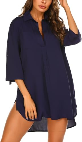 Ekouaer Women's Swimsuit Bikini Summer Navy Blue Beach Cover Up Shirt Ladies Beach Dress Beachwear Bathing Suit, Navy Blue, L