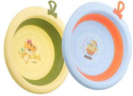 Abaodam 2stücke Faltbare Babywaschbecken Cartoon Design Tragbar Für Neugeborene Kleine Waschschüssel Für Gesicht Füße Und Camping Grün Und Blau