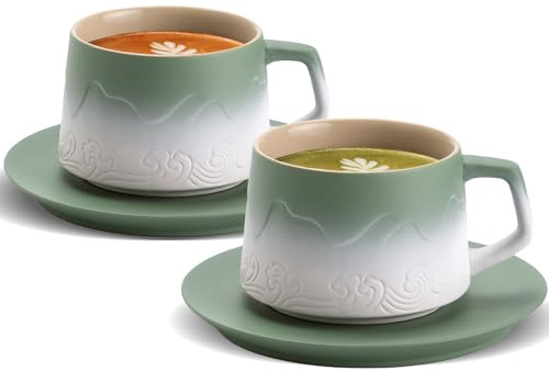 ZENS 8 Ounce Artistic Cappuccino Cups Set of 2, Embossed Ceramic Coffee Mug with Saucers for Latte Art, Moss Green & White