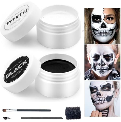 Juego de maquillaje de Halloween, maquillaje teatral, incluye color negro (50 g) y blanco (50 g) con 1 esponja y 2 pinceles, maquillaje de Halloween, colores de pintura corporal, maquillaje facial