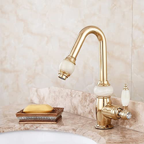 CCKUHN All Copper Gold Natural Jade Undercounter Basin Pull-Out Faucet, Universal Hot and Cold Water Faucet