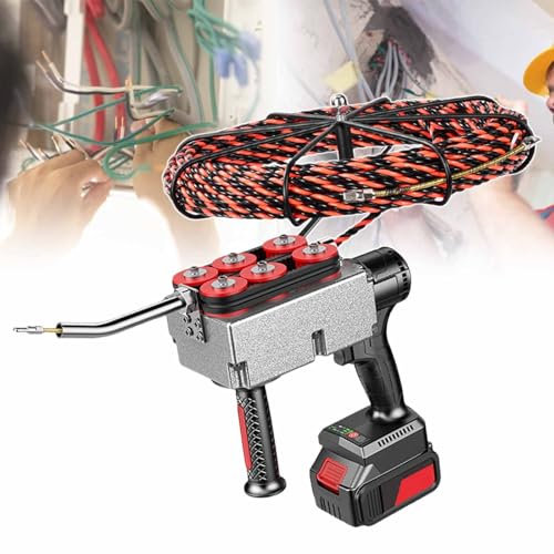 pealiritansemen Electric Fish Tape, Wire Cable Puller Electrician Tools, 15 M/49.2 Ft Fish Tape In Reel, For Pulling Wire And Cable, 40m/Min, 6 Wheel Drive, With 2 Batteries,25000mAh