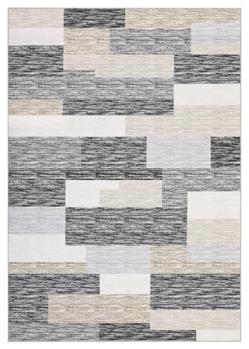 Alfombra moderna de 5 x 7 pies con diseño geométrico de retazos con respaldo antideslizante, lavable, de pelo bajo, alfombra de interior, plegable, contemporánea, para dormitorio, sala de estar, color