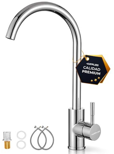 JUPPLIES Grifo Cocina Fregadero de Acero Inoxidable 304, Giratorio 360°, Torneira Cozinha Monomando con Agua Fría y Caliente, Instalación Fácil