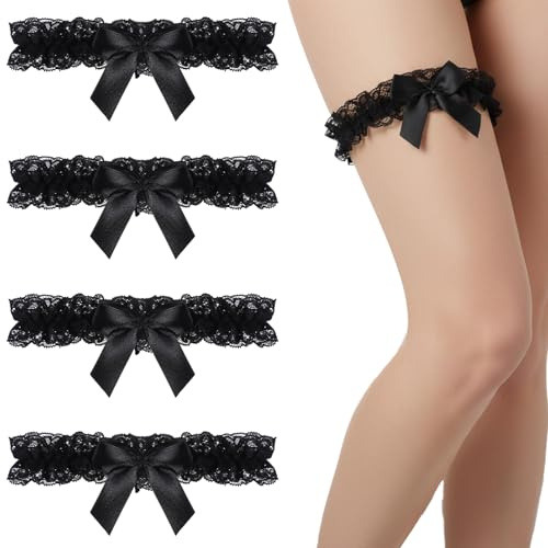 Elegaperma 4pcs Black Thigh Garter, Wedding Garters for Brides, Elegant Lace Thigh Garters Bowknot Leg Ring for Women and Girls,Perfect for Party Costume Special Occasions