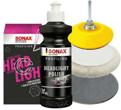 Scheinwerfer-Politur-Set bestehend aus einer SONAX 250ml Headlight Polish + SONAX CC Headlight + 75mm Polierteller + 75mm Lammfell-Pad + Schleifscheibe P2000