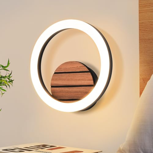 ZMH LED Wandlampe Innen Wandleuchte Flurlampe Klein 20CM Modern Design | Flur 3000K Warmweiß Küchenlampe Rund 6W Indirekt Treppenhauslampe in Holzoptik Schlafzimmerlampe für Wohnzimmer Schlafzimmer