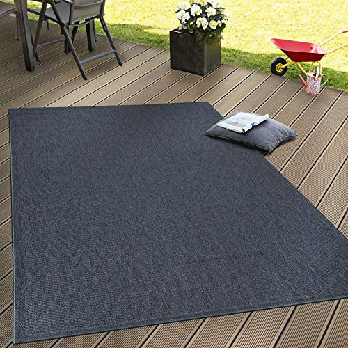 Paco Home In- & Outdoor Teppich wetterfest für Garten, Terrasse & Balkon flachgewebt in Moderner Sisaloptik einfarbig pflegeleicht & UV-beständig Navy-Blau, Grösse:120x160 cm