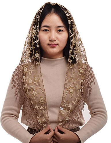 BLESSUME 1 styck kvinna triangel mönster slöja klassisk mantilla mjuk spets kapell slöja, BRUN, one size