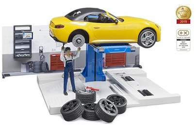 bruder 62110 - Bworld PKW-Werkstatt inklusive Roadster - 1:16 Auto-Werkstatt Mechaniker Spielzeug-Figur Rennwagen Caprio Sportwagen