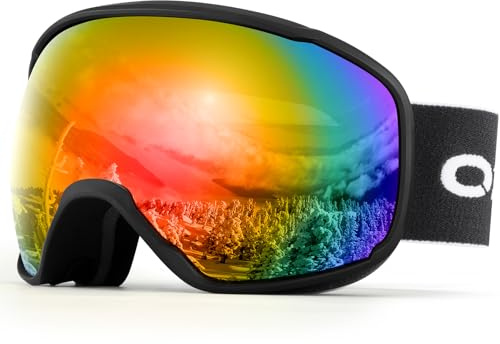 Odoland Skibrille Erwachsene Ski Goggles für Damen und Herren Jungen,Sphärisch Snowboardbrille UV-Schutz Kompatibler Helm Anti Fog für Skifahre Verspiegelt Schwarz + Rot