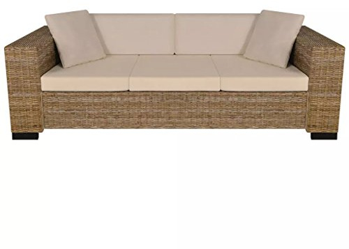 Festnight Divano da Giardino a 3 Posti in Rattan Naturale, 200 x 80 x 61 cm con Cuscini