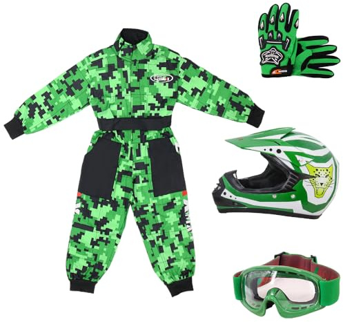 Zorax Green CAMO L(9-10 Years) Kids Suit & Gloves XL(8cm) & Goggles & Zorax XL (55-56cm) ZOR-X17 Kids Children Motocross Motorbike Motorcycle Helmet Set ECE2206