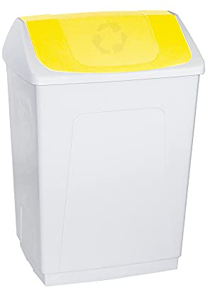 Papelera 55 litros blanca con tapa basculante amarilla, diseño rectangular y fácil de limpiar, ideal para reciclaje en cocina y hogar | Denox