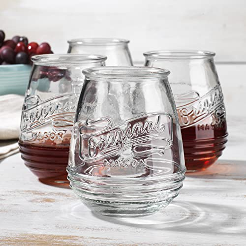Glaver's Weingläser ohne Stiel, 600 ml, Set mit 4 original Mason Vintage Kelchgläsern für Ihre Cocktail-Lounge, Whiskey-Partys und den täglichen Esstisch. Spülmaschinenfest (groß)