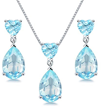 JIANGXIN Geburtsstein Herz Schmuckset 925 Silber Frau Kette Damen Halskette Ohrring Ohrstecker Tropfenschliff Edelstein Mit 45+5CM Kettenlänge 18K weißgold plattierte (Aquamarin)