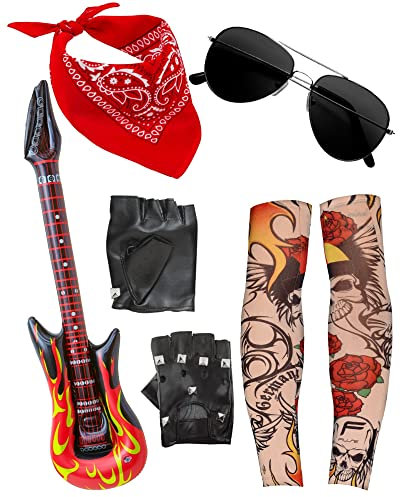 Edozos Herren Rock Star Heavy Metal Rockstar Punk Rocker 80er Jahre Fasching Kostüm Zubehör Set - Rotes Bandana, Sonnenbrille, Handschuhe, aufblasbare Gitarre & Tattoo-Ärmel