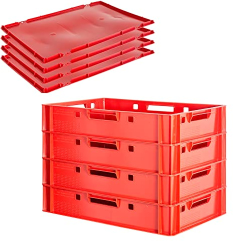 Kingpower Fleischkiste E1 mit Deckeln Fleischkiste Rot Fleischerkiste Fleischkisten Kiste Fleischkiste Eurobox Lebensmittelecht 60 x 40 Metzgerkiste Auswahl, Anzahl:4