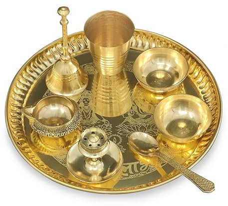 BENGALEN Brass Pooja thali Set 8 Inch with Pital Plate Glass Spoon Ghanti Bowl Agarbatti Stand Kuber Diya Puja Thali for Diwali Home Mandir Office Wedding Return Gift Items
