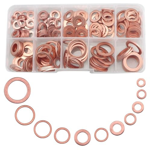 255 Pcs Copper Washer Assorted,11 Sizes Flat Metal Washers Kit For Screws And Bolts,Copper Sealing Gasket Set For Sump Plug,Engine Oil Crush Washers(M5/M6/M8/M10/M12/M14/M16/M20)