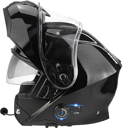 ViPER RSV191 Flip up Motorcycle Helmet with Blinc Bluetooth - Modular Double Visor Motorbike Helmets - Microphone Dual Speaker for Hands & Noise Free Automatic Answering ECE/ACU Gold Approved (Black,M