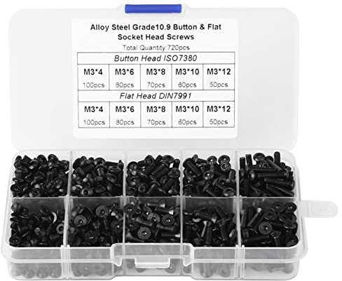 Gavigain 720pcs M3×4/6/8/10/12 Sechskantschrauben Schwarz Legierter Stahl Flacher Kopf Sechskantschrauben mit Kunststoffbox
