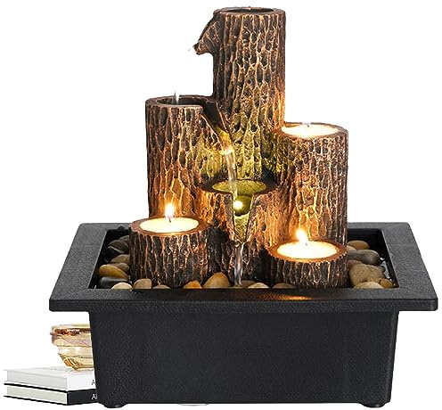 Tuzsocr Fontana di acqua elettrica per ufficio,Fontana interna Cascata 4 livelli Jarre effetto pietra,Decorazione Zen in Resina,con luci LED Ornamenti d'acqua correnti fontana per l'ufficio (stile 2)