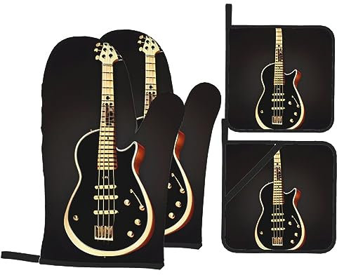 Set di guanti da forno e presine per chitarra, colore nero, resistenti al calore, 4 pezzi, per cucina, cottura, grigliate, barbecue
