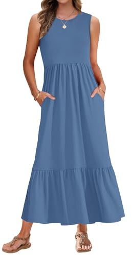 AUSELILY Damklänning, lång sommarklänning, ärmlös, rund hals, strandklänning, ledig klänning med fickor, M