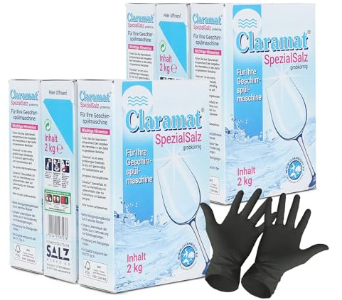 Claramat Spezial Salz 6 x 2 kg (12 kg) Spülmaschinensalz Regeneriersalz Wasserenthärteranlagen Geschirrspülmaschine inklusiv 1 Paar ARNOMED Einweghandschuh