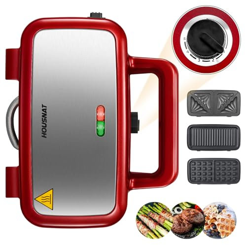 Waffeleisen 3 in 1, Sandwichmaker, Kontaktgrill, Sandwichtoaster - 1200W mit 5-Gang Temperaturregelung, für Belgische Waffel, Antihaftbeschichtung, Perfekt für Frühstück, Rot