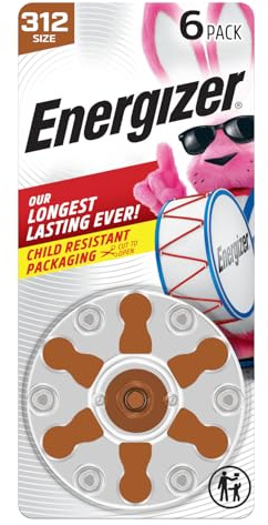 Energizer Hearing Aid Batteries Size 312, Brown Tab, 6 Pack