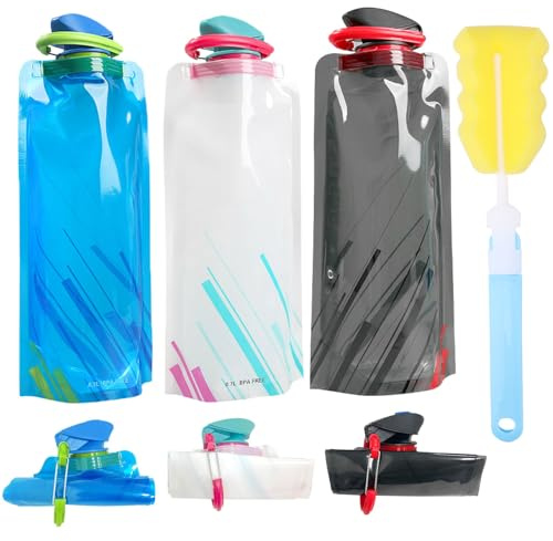 TAKUZA Faltbare Trinkflasche 700ml 3 Stück,mit Abnehmbarer Reinigungsbürste | Trinkflasche Faltbar BPA-frei Kunststoff, Faltflasche Trinkbeutel für Festival, Wandern & Camping, Wiederverwendbare