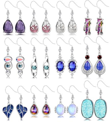 Adramata 12 Pairs Boucles d'oreilles Femme CZ Pendantes Boucles d'Oreilles Acier Inoxydable Pendantes en Pierre de Lune Vintage Boucle d'Oreille Crochet Boho Fantaisie Boucles d'Oreilles Cadeau Femme